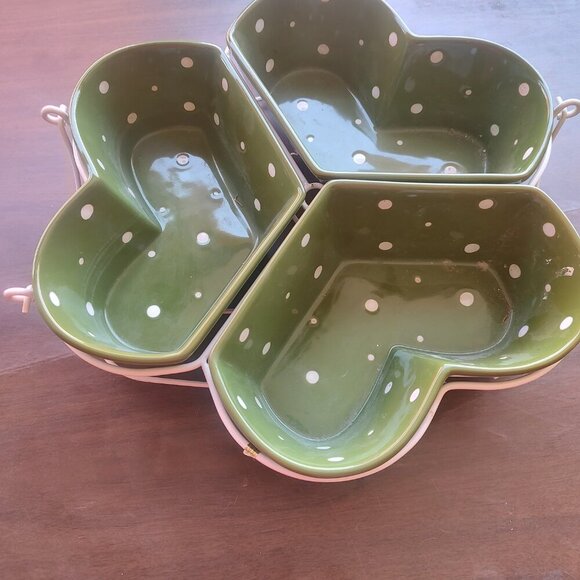 Retired Temptations Trio Heart Shaped Green & White Polka Dot Serving Set - Picture 2 of 6